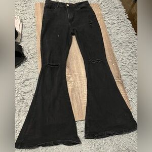Black Flared Jeans with Distressed Knees